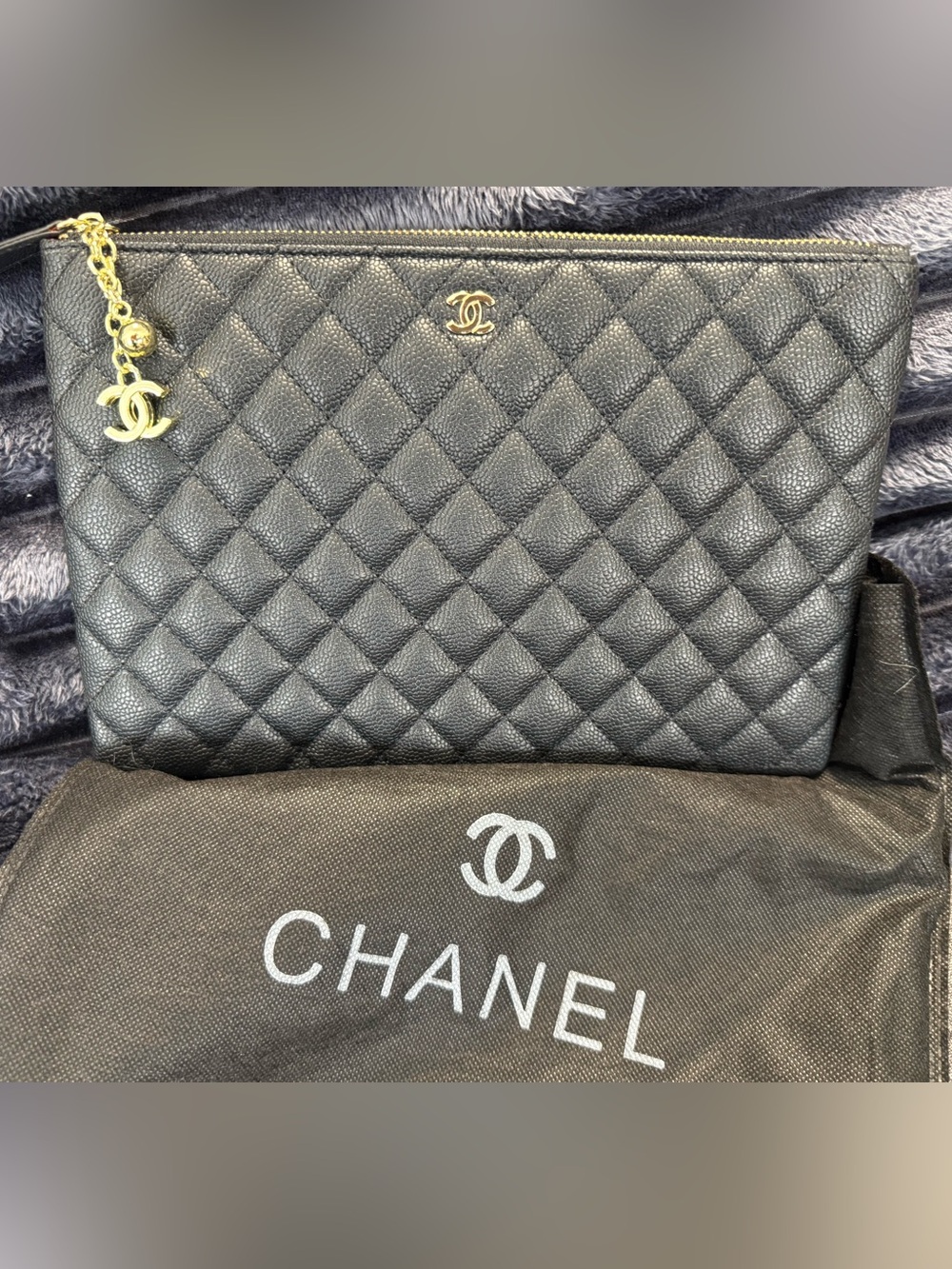 New Luxury Style Quilted Black Leather Large Clutch With Gold Charms